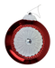 The 8 x 7.5 Red and White Glitter Metallic Flat Ornament (86542RDWT) features a round, red and white design with a dusted white top, textured center, sparkling gem, silver hanging wire, and metallic sparkle finish.