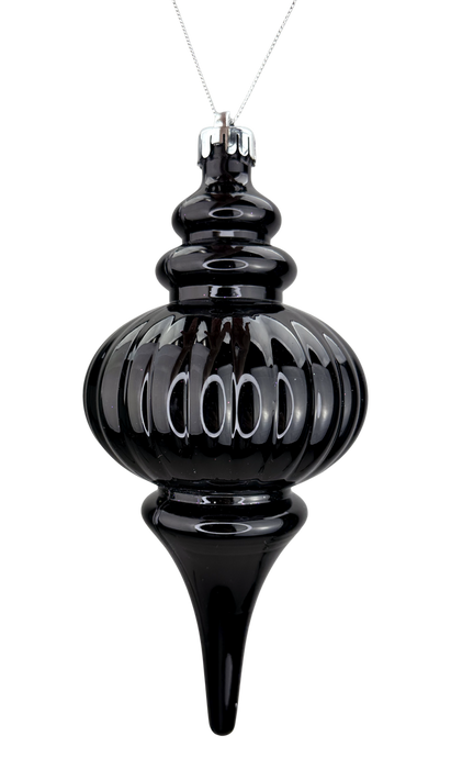 The 10 x 4 Black Finial Metallic Ornament (86541BK) features a shiny finish, round ribbed midsection, pointed bottom, and hangs by a silver string against a white background.
