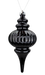 The 10 x 4 Black Finial Metallic Ornament (86541BK) features a shiny finish, round ribbed midsection, pointed bottom, and hangs by a silver string against a white background.