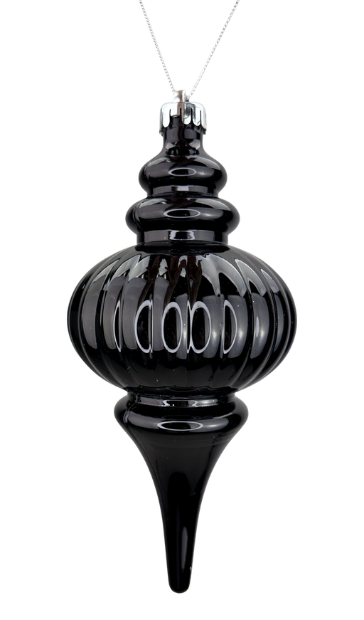 The 10 x 4 Black Finial Metallic Ornament (86541BK) features a shiny finish, round ribbed midsection, pointed bottom, and hangs by a silver string against a white background.