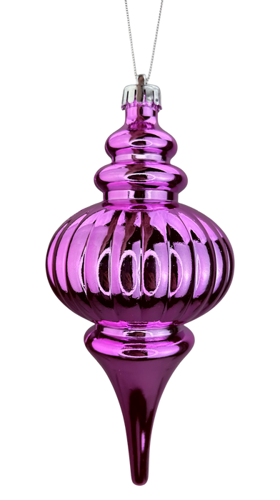 The 10 x 4 Pink Finial Metallic Ornament (86541PK) features a shiny, ribbed design with a pointed bottom and hangs by a silver string against a white background.
