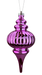 The 10 x 4 Pink Finial Metallic Ornament (86541PK) features a shiny, ribbed design with a pointed bottom and hangs by a silver string against a white background.