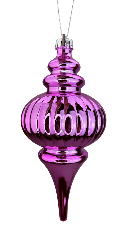 The 10 x 4 Pink Finial Metallic Ornament (86541PK) features a shiny, ribbed design with a pointed bottom and hangs by a silver string against a white background.