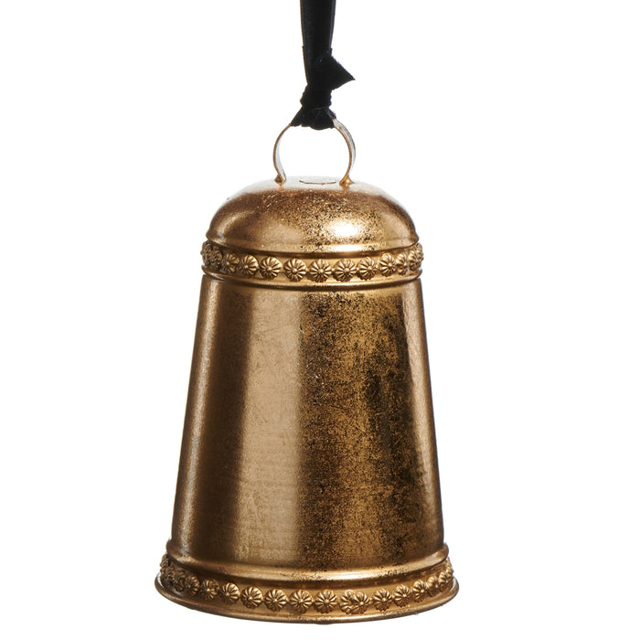 A beautiful 9.5″ x 5.75″ soft gold metal bell ornament from RAZ Imports (4550801), featuring a decorative border and hanging from a black ribbon, makes an elegant addition to any Christmas tree ornament collection.
