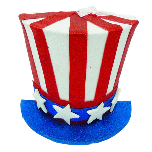 Patriotic glitter half top hat decoration in red, white, and blue with white stars, flat back design, 4.5 x 9 x 7.5 inches