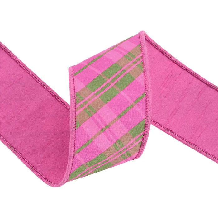 The Pink and Multi Bias Plaid Dupioni with Taffeta Fused Back Ribbon, 2.5" x 10 yds (9003W-175-63E), features a green and light pink plaid center with solid pink edges, shown on a white background.