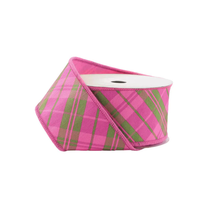 A 2.5" x 10 yd spool of Pink and Multi Bias Plaid Dupioni with Taffeta Fused Back Ribbon (9003W-175-63E), partially unrolled and standing upright against a white background.