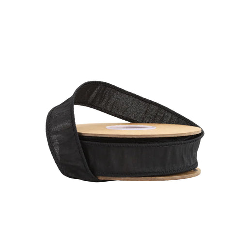 A spool of 1 Black Dupioni Wired Ribbon 9100W-030-25E, partially unwound, rests on its side with the cardboard core visible.
