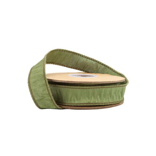 A spool of 1″ Designer Moss Dupioni Wired Ribbon (9100W-570-25E) with stitched edges sits partially unrolled on its side against a plain white background—ideal for crafting autumn wreaths.