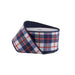The Red White and Blue Plaid Dupioni Ribbon (2.5" x 10 yds, 9115W-036-63E) features a blue, red, and white plaid pattern with dark blue stitched edges, perfect for festive decor or crafting. Displayed against a plain white background.