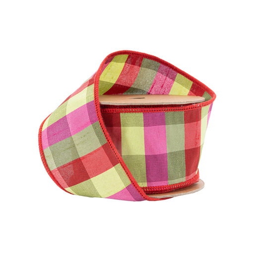 The 2.5" Green Pink and Red Check Ribbon (9120W-175-63E) features a vibrant plaid pattern in green, pink, red, and yellow with red stitched edges and is displayed on a white background.
