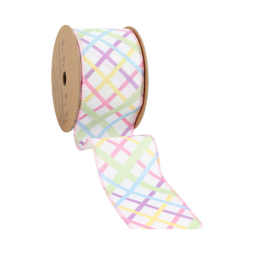 The 2.5 White with Pastel Bias Plaid Ribbon 9300W-003-63E, featuring a pastel plaid pattern in blue, pink, yellow, and green hues, is partially unrolled from its light brown cardboard spool. The ribbon measures 10 yards in total.