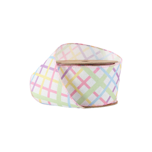The 2.5 White with Pastel Bias Plaid Ribbon (9300W-003-63E) features a charming plaid pattern of pink, blue, yellow, and green on a white background. Partially unrolled, this wired ribbon reveals its vibrant design perfect for crafting or decorating over 10 yards.