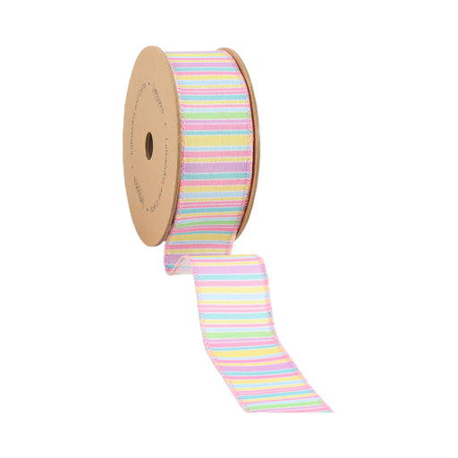 This 1.5 x 10 yards decorative wired ribbon, featuring pastel horizontal stripes in pink, green, yellow, and blue on a brown cardboard spool, unfurls to reveal its colorful pattern. Product Name: 1.5 Pastel Horizontal Striped Ribbon 9304W-003-38E.