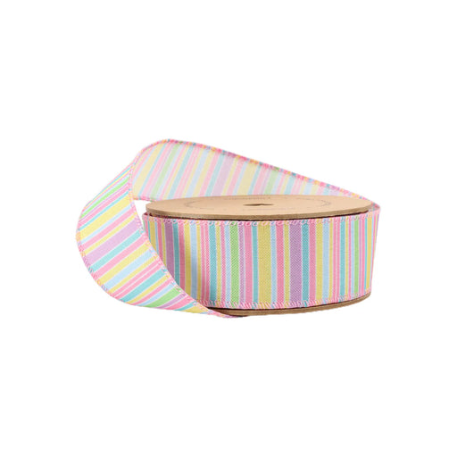 The 1.5 Pastel Horizontal Striped Ribbon (9304W-003-38E) in pink, yellow, blue, and green hues unwinds from its spool against a white backdrop.