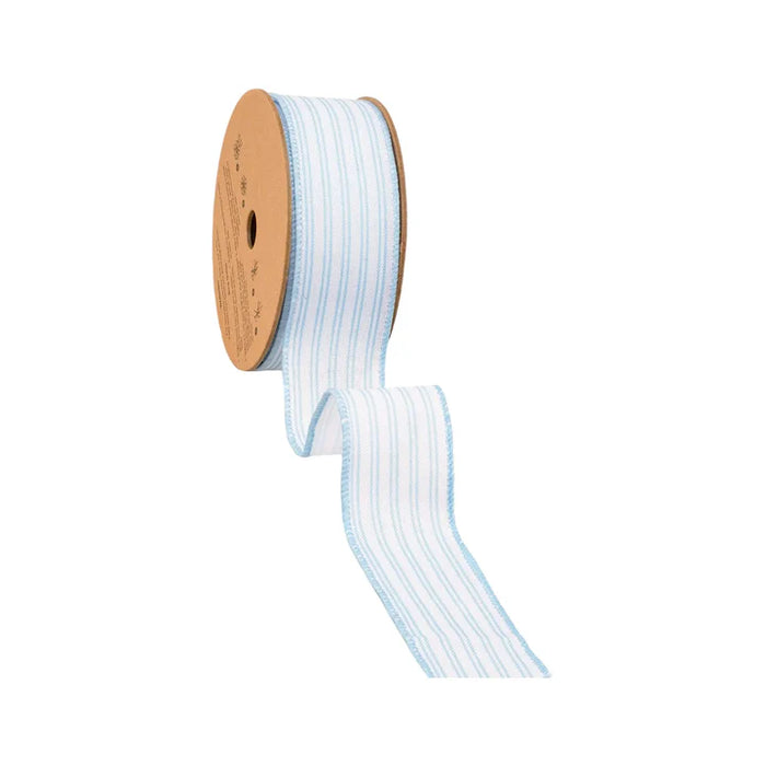 A spool of 1.5 Inch Light Blue Ticking Stripe Ribbon (9313W-311-38E), featuring white and light blue stripes with blue stitched edges, is partially unrolled. The brown cardboard spool is ideal for wreaths or farmhouse décor.