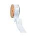 A spool of 1.5 Inch Light Blue Ticking Stripe Ribbon (9313W-311-38E), featuring white and light blue stripes with blue stitched edges, is partially unrolled. The brown cardboard spool is ideal for wreaths or farmhouse décor.