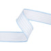 The 1.5 Inch Light Blue Ticking Stripe Ribbon 9313W-311-38E features blue stitched edges and a white background, arranged in a zigzag pattern—ideal for farmhouse decor or wreath making.