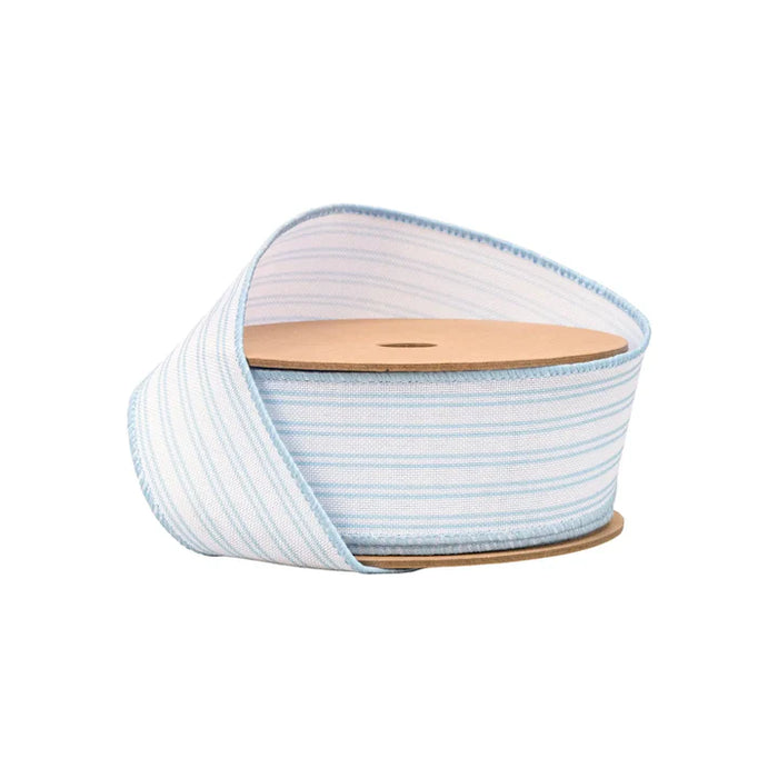 The 1.5 Inch Light Blue Ticking Stripe Ribbon 9313W-311-38E, featuring light blue and white stripes on a spool, is ideal for wreath making and craft projects.
