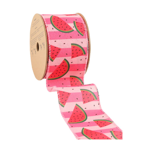The 2.5 Pink Striped Watermelon Sliced Ribbon (9317W-157-63E) features a pink background with vibrant watermelon slice patterns, partially unrolled to showcase its playful design.