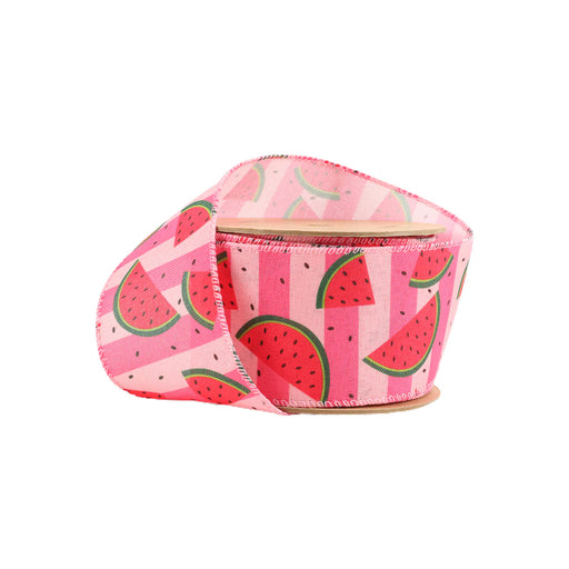 The 2.5 Pink Striped Watermelon Sliced Ribbon (9317W-157-63E) features a stunning design with watermelon slices against a striped pink background, partially uncoiled to reveal its vibrant fruit pattern.