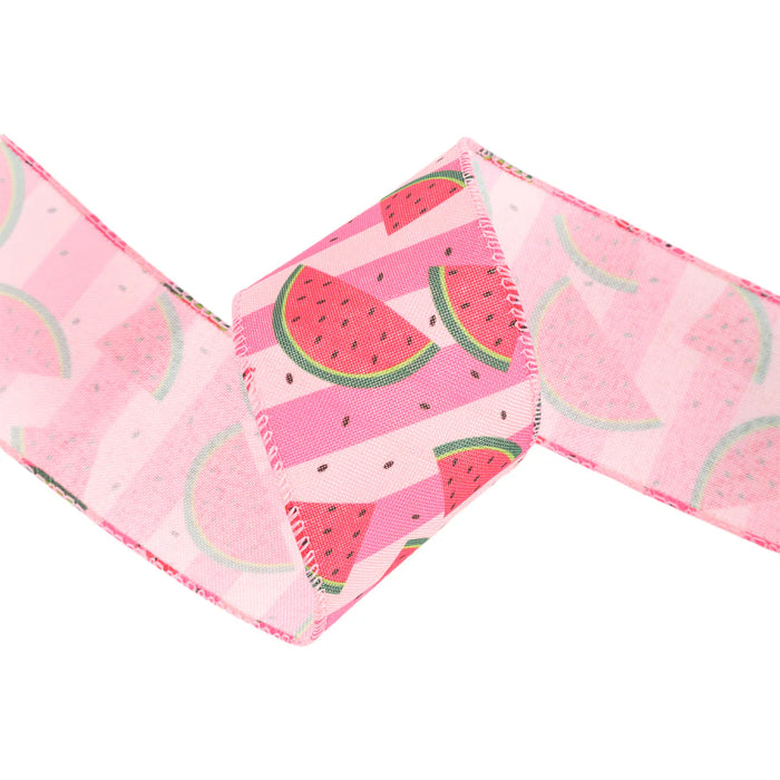 A 2.5 wide wired ribbon adorned with pink stripes and watermelon slice patterns, slightly twisted to display the vibrant fruit designs.