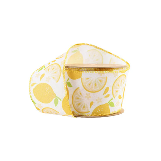 The 2.5 Inch Lemon Slice on White Ribbon (9318W-640-63E) features yellow lemons and slices with yellow stitched edges on white, partially unrolled on a cardboard spool—perfect for wreaths and crafts.