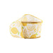 The 2.5 Inch Lemon Slice on White Ribbon (9318W-640-63E) features yellow lemons and slices with yellow stitched edges on white, partially unrolled on a cardboard spool—perfect for wreaths and crafts.