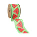 The 2.5 Inch Watermelon Slice on Green Ribbon (9320W-555-63E) features a light green background with repeating red watermelon slices, complete with black seeds and green rinds.