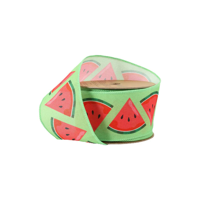 The 2.5 Inch Watermelon Slice on Green Ribbon 9320W-555-63E features a repeating watermelon slice pattern and is loosely wrapped around a spool, displayed against a plain white background.