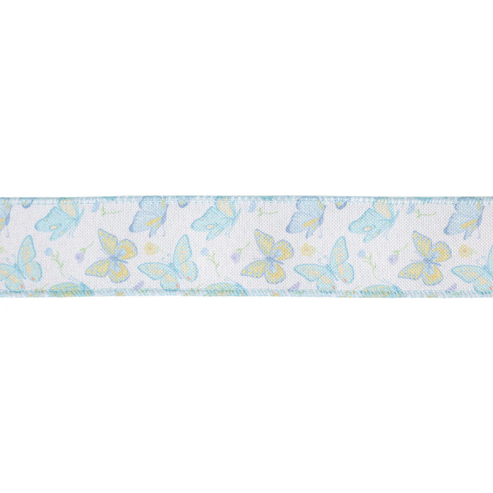 The 1.5 White and Blue Butterflies Ribbon features a pattern of blue and yellow butterflies on a light background, with soft blue wired edges.