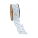 A spool of 1.5 White and Blue Butterflies Ribbon (9331W-029-38E) features a pastel butterfly pattern in blue and yellow hues on a light background and is partially unrolled, revealing its delicate design with brown circular ends.