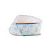 The 1.5 White and Blue Butterflies Ribbon (9331W-029-38E) features light blue and yellow butterflies on a white background, beautifully wound in a loop with one end slightly raised, ready for your next creative project.