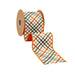 A 4 Inch Garden Bias Plaid Dupioni with Orange Backing Ribbon (9339W-750-100E) is shown wound on a spool against a white background—ideal for wreaths or various decorating projects.