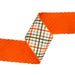 The 4 Inch Garden Bias Plaid Dupioni with Orange Backing Ribbon 9339W-750-100E features a vibrant red, orange, and green plaid center and orange edges—ideal for wreaths or seasonal décor, shown against a white background.