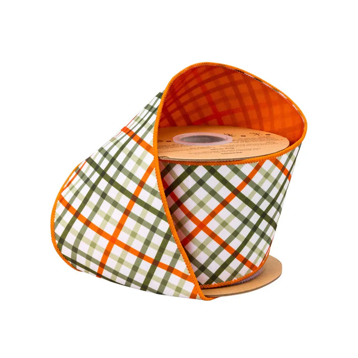 The 4 Inch Garden Bias Plaid Dupioni with Orange Backing Ribbon 9339W-750-100E features an orange, green, and white plaid pattern with orange edging—ideal as wreath ribbon or festive decor.