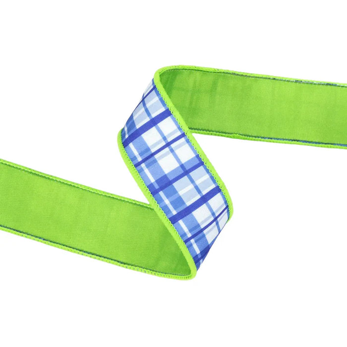 The 1.5 Inch Blue and White Plaid with Lime Green Backing Dupioni Ribbon (9378W-552-38E) features a stylish blue and white plaid pattern on one side and bright lime green on the other, displayed in a zigzag shape on a white background.
