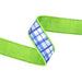 The 1.5 Inch Blue and White Plaid with Lime Green Backing Dupioni Ribbon (9378W-552-38E) features a stylish blue and white plaid pattern on one side and bright lime green on the other, displayed in a zigzag shape on a white background.