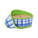 The 1.5 Inch Blue and White Plaid with Lime Green Backing Dupioni Ribbon 9378W-552-38E, shown partially unrolled, is a striking option for wreath ribbon or festive décor.