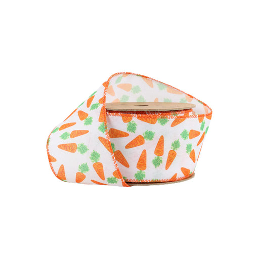 The 2.5 White with Orange Carrots Ribbon 9409W-029-63E showcases a delightful design of orange carrots and green leaves on a white background, accented by an elegant orange trim.