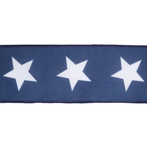 A horizontal strip of 2.5 blue fabric, resembling the Blue with Large White Stars Ribbon (9506W-032-63E), features three evenly spaced large white stars.