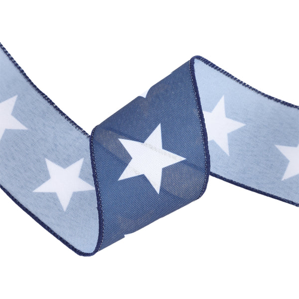 The 2.5 Blue with Large White Stars Ribbon 9506W-032-63E showcases a pattern of white stars on a blue background, beautifully folded in a zigzag shape.
