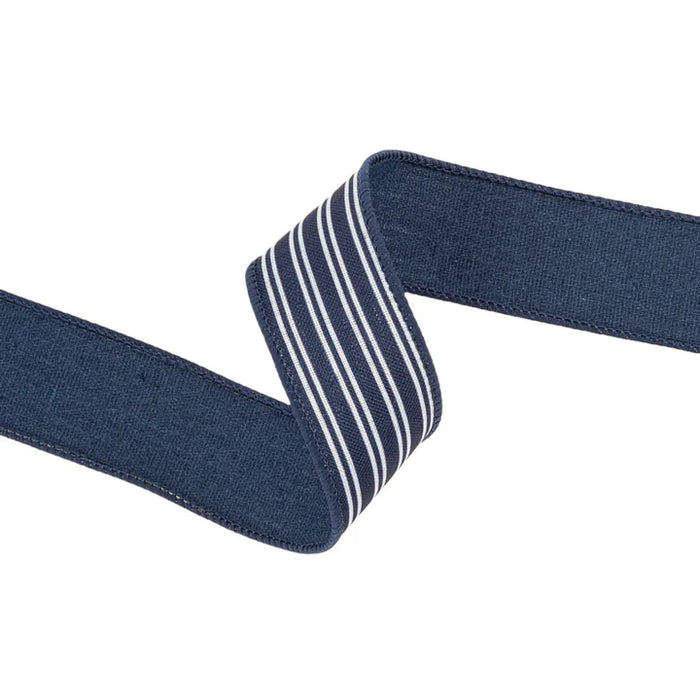 A close-up of the Navy Ticking Striped Ribbon 1.5 inches by 10 yards (9557W-370-38E) displays its classic navy and white stripes, twisted in an angular shape, set against a clean white background.