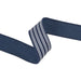 A close-up of the Navy Ticking Striped Ribbon 1.5 inches by 10 yards (9557W-370-38E) displays its classic navy and white stripes, twisted in an angular shape, set against a clean white background.