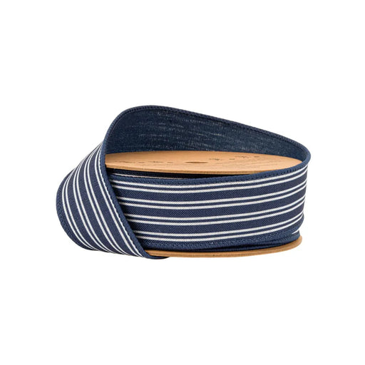 A partially unspooled roll of Navy Ticking Striped Ribbon 1.5 inches by 10 yards (9557W-370-38E) rests on a plain white background.