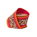 A spool of Pink & Orange Stripe Animal Print Wired Ribbon with a pink back, measuring 4 inches by 10 yards (9765W-187-100E), partially unrolled to display its bold animal print pattern bordered by striking pink and orange stripes.