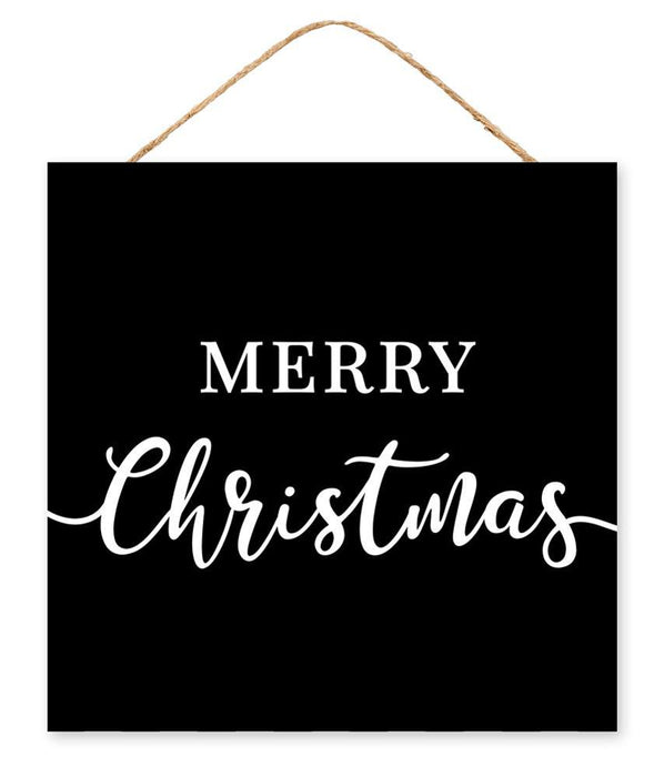 The 10Sq Merry Christmas Sign Black/White AP7244 is made of MDF and paper, features Merry Christmas in two fonts on a black rectangular background, and hangs from a string.