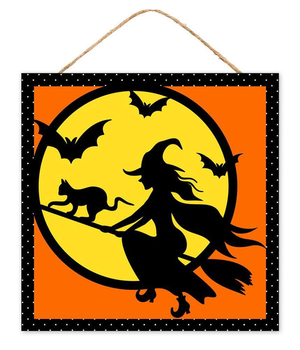 10"Sq Mdf Witch Flying Sign Orange/Yellow/Black/White AP7305