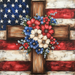 The 10 x 10 American Flag Cross Sign TTE-183 features a wooden cross embellished with red, white, and blue flowers on an American flag backdrop, with stars prominently in the top left and stripes elegantly framing the design.