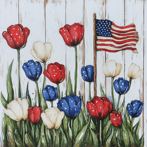 The 10 x 10 American Flag & Tulips Sign TTE-188 displays red, white, and blue tulips on a wooden background with an American flag in the top right corner, evoking a patriotic theme that embodies national pride.